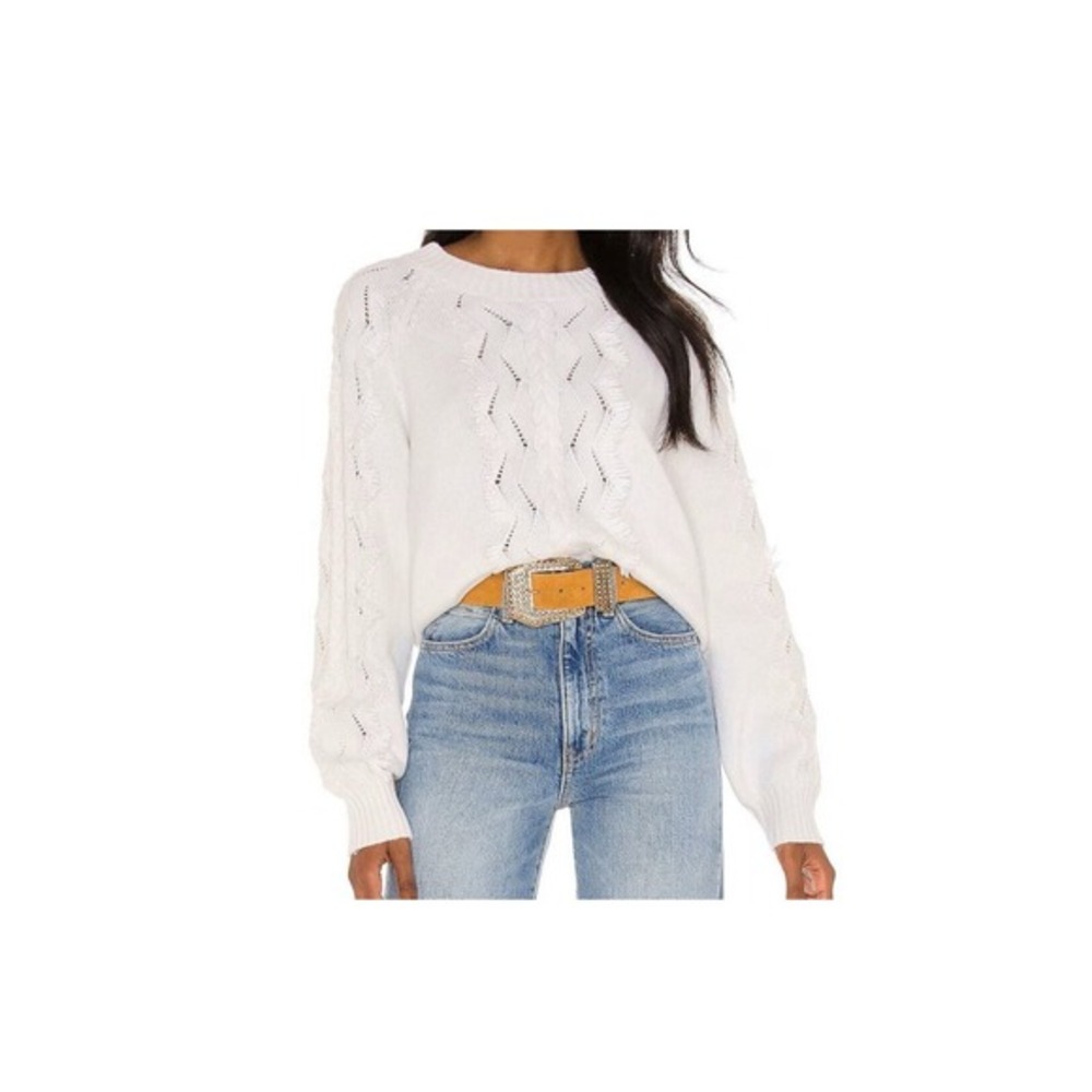 Rails Francis Pointelle Fringed Cable Knit Lambswool Cashmere Sweater Cream‎ L